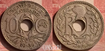 Франция 10 сантимов 1936 года, KM# 866a, 140m-103