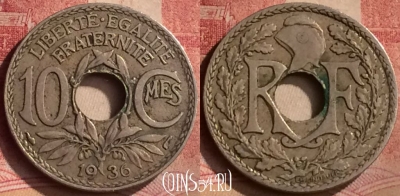 Франция 10 сантимов 1936 года, KM# 866a, 140m-108