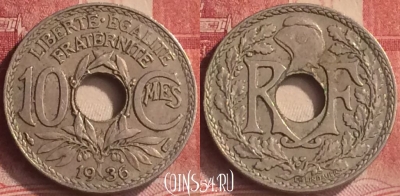 Франция 10 сантимов 1936 года, KM# 866a, 184m-040