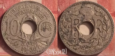 Франция 10 сантимов 1936 года, KM# 866a, 188m-046