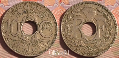 Франция 10 сантимов 1936 года, KM# 866a, 197a-131