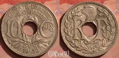 Франция 10 сантимов 1936 года, KM# 866a, 215l-093