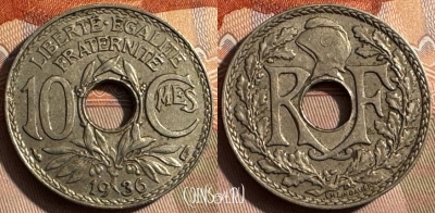 Франция 10 сантимов 1936 года, KM# 866a, 338s-047