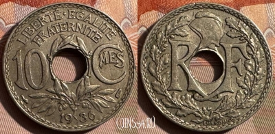 Франция 10 сантимов 1936 года, KM# 866a, 340s-098