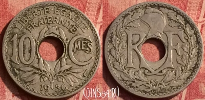 Франция 10 сантимов 1936 года, KM# 866a, 365o-114