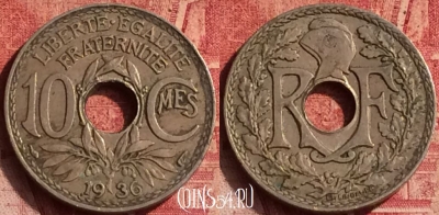 Франция 10 сантимов 1936 года, KM# 866a, 368o-031