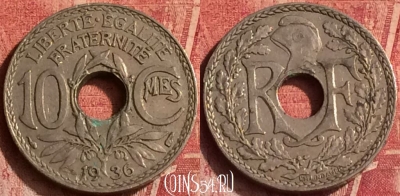 Франция 10 сантимов 1936 года, KM# 866a, 373o-011