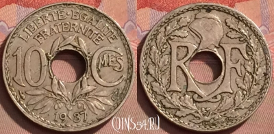 Франция 10 сантимов 1937 года, KM# 866a, 125l-037