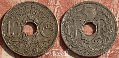 Франция 10 сантимов 1937 года, KM# 866a, 282p-055 ♛