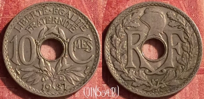 Франция 10 сантимов 1937 года, KM# 866a, 342o-003