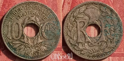 Франция 10 сантимов 1937 года, KM# 866a, 345o-027