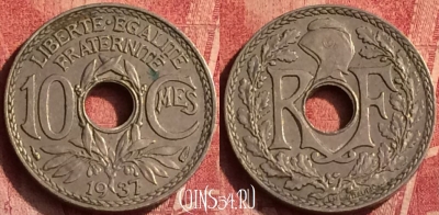 Франция 10 сантимов 1937 года, KM# 866a, 369o-016