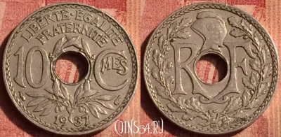 Франция 10 сантимов 1937 года, KM# 866a, 392o-021