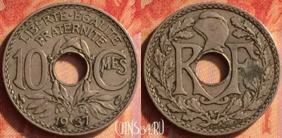 Франция 10 сантимов 1937 года, KM# 866a, 435o-079