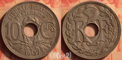 Франция 10 сантимов 1937 года, KM# 866a, 440o-032