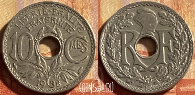 Франция 10 сантимов 1938 года, KM# 866a, 185p-134 ♛