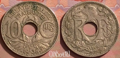 Франция 10 сантимов 1938 года, KM# 866a, 203l-026