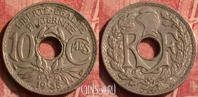 Франция 10 сантимов 1938 года, KM# 866a, 365o-107