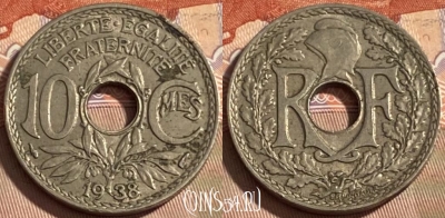 Франция 10 сантимов 1938 года, KM# 866a, 497р-020 ♛