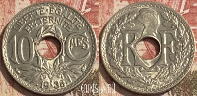 Франция 10 сантимов 1938 года, KM# 889, 091s-030 ♛