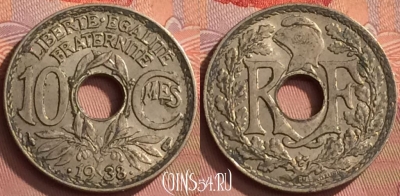 Франция 10 сантимов 1938 года, KM# 889, 145o-143