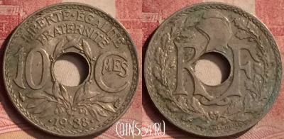 Франция 10 сантимов 1938 года, KM# 889, 146m-123