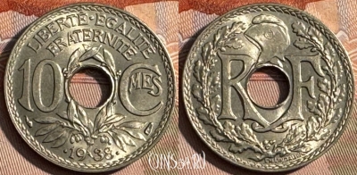 Франция 10 сантимов 1938 года, KM# 889, 244s-059 ♛