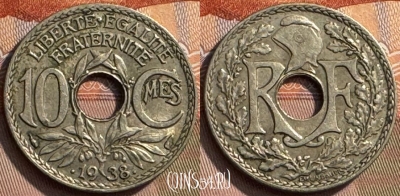 Франция 10 сантимов 1938 года, KM# 889, 270s-070