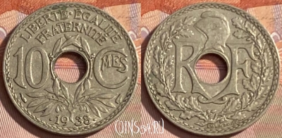 Франция 10 сантимов 1938 года, KM# 889, 346p-132 ♛