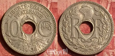 Франция 10 сантимов 1938 года, KM# 889, 350o-002