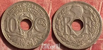 Франция 10 сантимов 1938 года, KM# 889, 372o-100