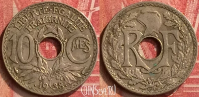 Франция 10 сантимов 1938 года, KM# 889, 397-015