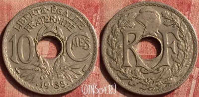 Франция 10 сантимов 1938 года, KM# 889, 406-114