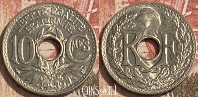 Франция 10 сантимов 1939 года, KM# 889, 090s-102