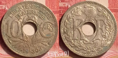 Франция 10 сантимов 1939 года, KM# 889, 168m-139
