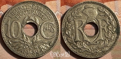 Франция 10 сантимов 1939 года, KM# 889, 255s-089