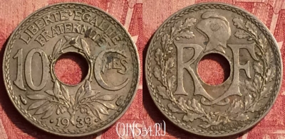 Франция 10 сантимов 1939 года, KM# 889, 349o-042