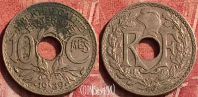 Франция 10 сантимов 1939 года, KM# 889, 369o-022