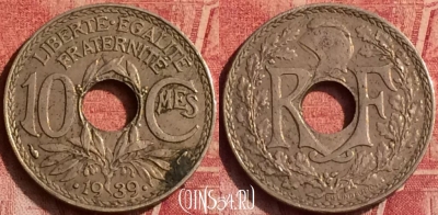 Франция 10 сантимов 1939 года, KM# 889, 372o-033