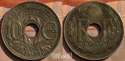 Франция 10 сантимов 1939 года, KM# 889, 390s-129