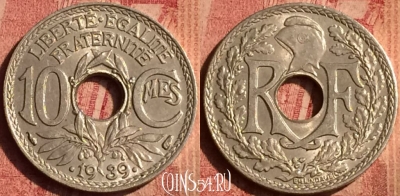 Франция 10 сантимов 1939 года, KM# 889, 392o-023