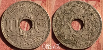 Франция 10 сантимов 1939 года, KM# 889, 392o-024