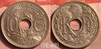 Франция 10 сантимов 1939 года, KM# 889, 394o-142 ♛
