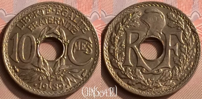 Франция 10 сантимов 1939 года, KM# 889, 398-021 ♛