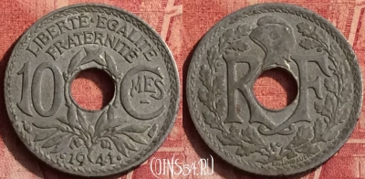 Франция 10 сантимов 1941 года, KM# 895, 370o-023