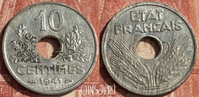 Франция 10 сантимов 1941 года, KM# 898, 068p-091