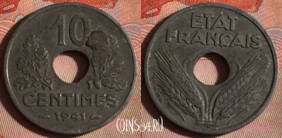 Франция 10 сантимов 1941 года, KM# 898, 092f-139