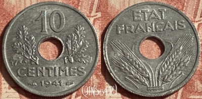 Франция 10 сантимов 1941 года, KM# 898, 251p-087 ♛