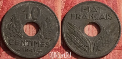 Франция 10 сантимов 1941 года, KM# 898, 345o-008