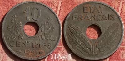 Франция 10 сантимов 1941 года, KM# 898, 370o-089